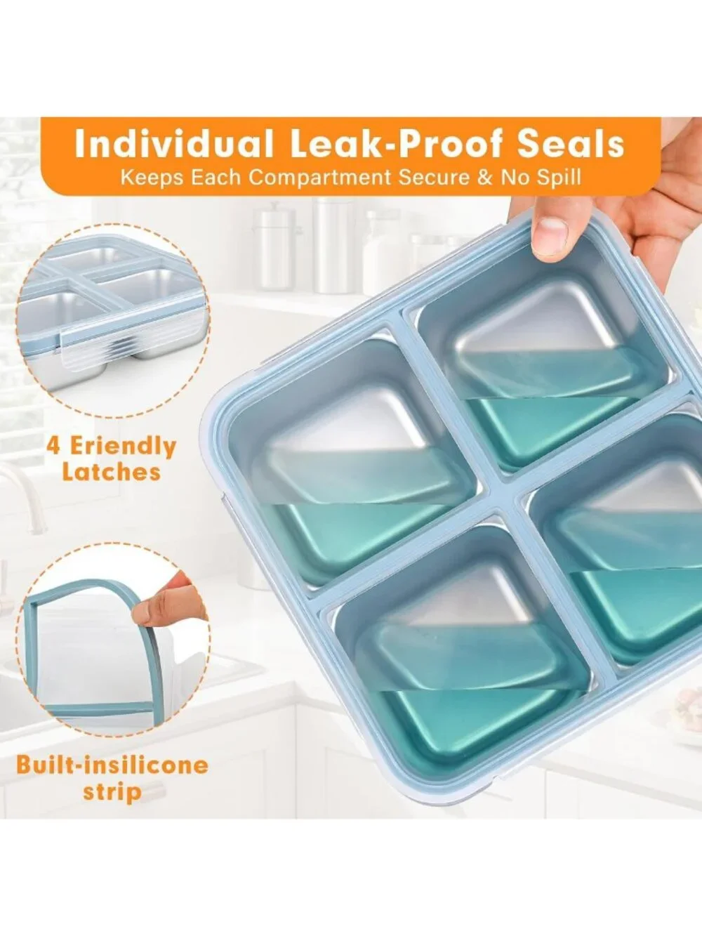 4 Pack Leakproof Stainless Steel Bento Snack Containers - Reusable Meal Prep